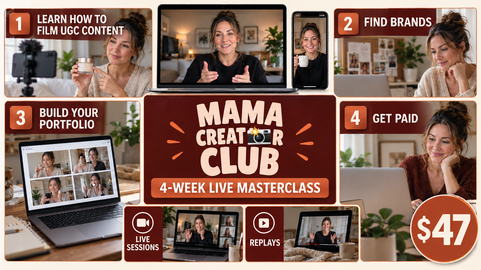 Mama Creator Club Masterclass on laptop, tablet and phone